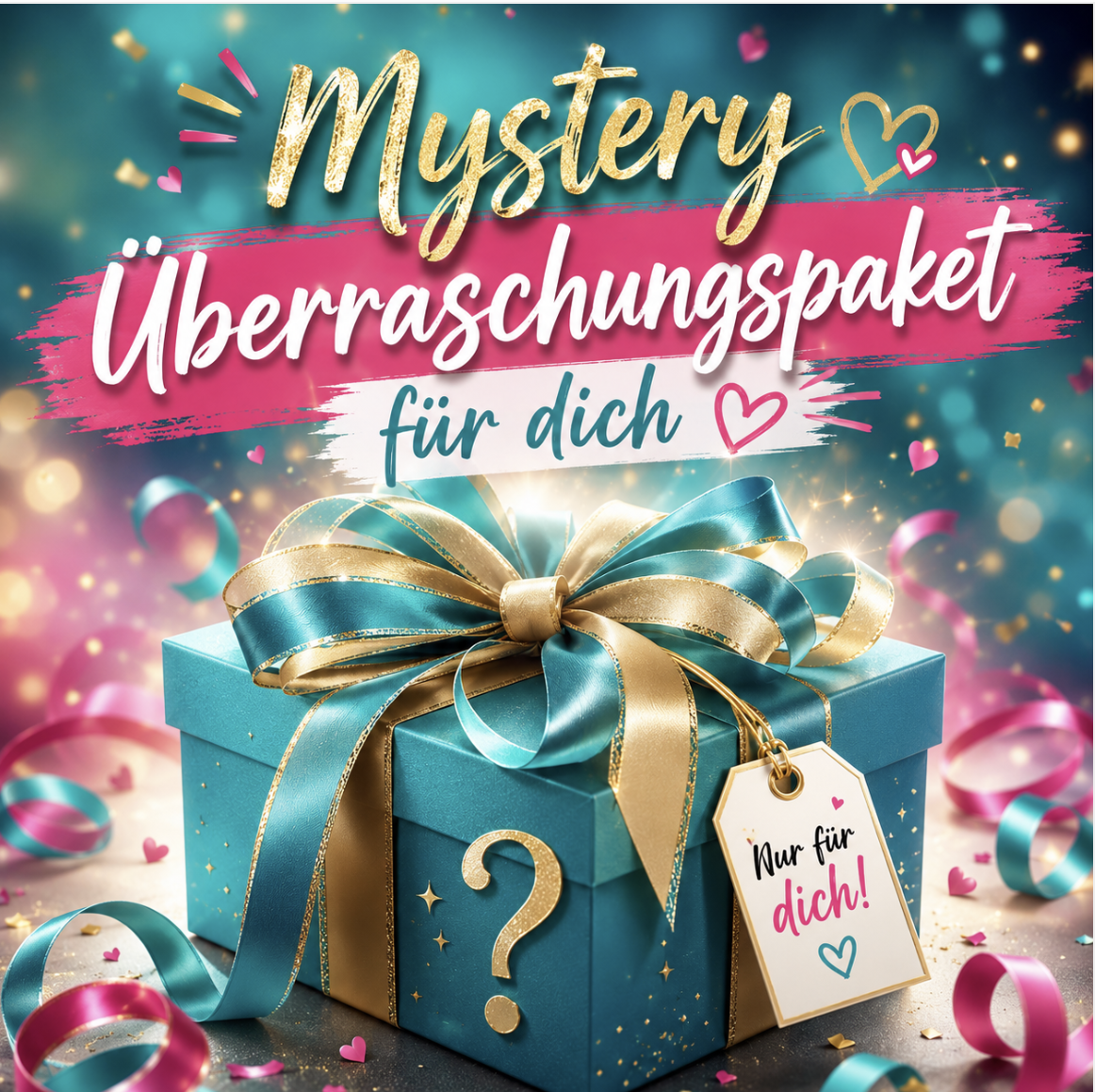 Mystery Überraschungspaket für dich: türkise Geschenkbox mit goldenem Band und Fragezeichen